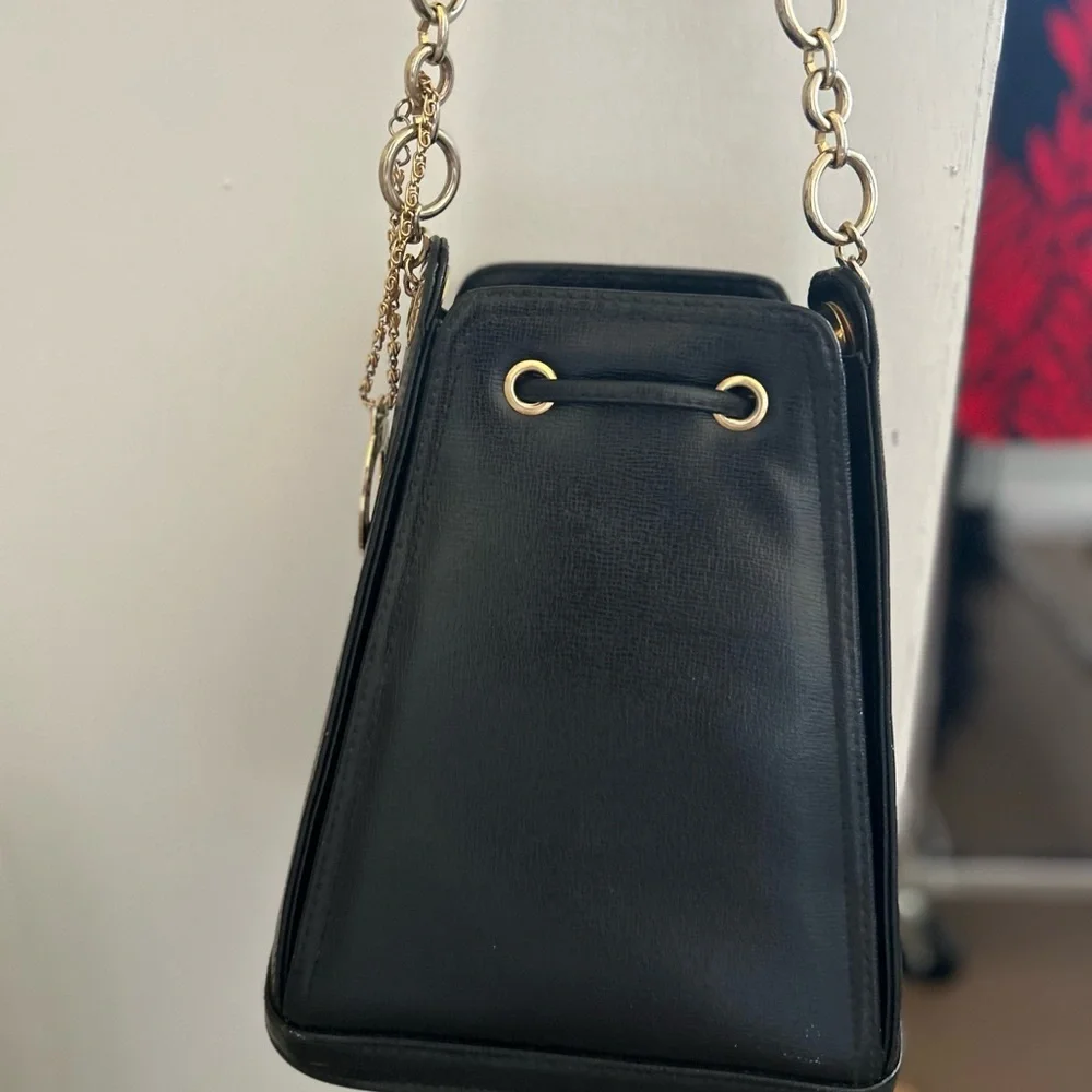 Small Black Crossbody Bag with Gold Accents and Drawstring Closure - Picture 7 of 11